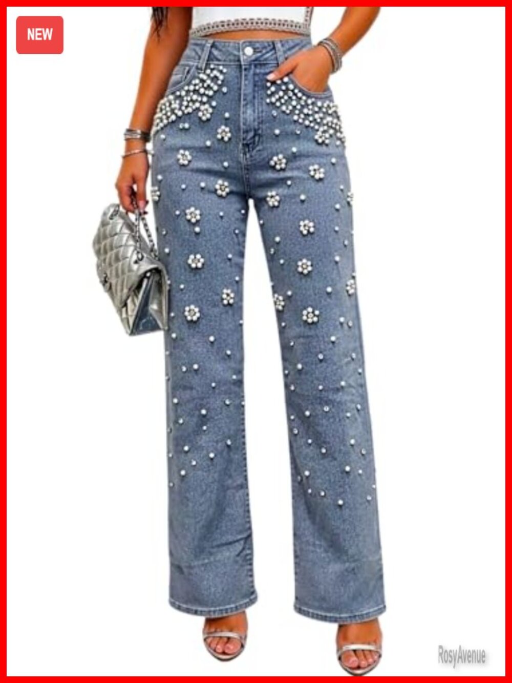 Pearl Rhinestone Floral Embellished High Rise Wide Leg Stretch Jeans